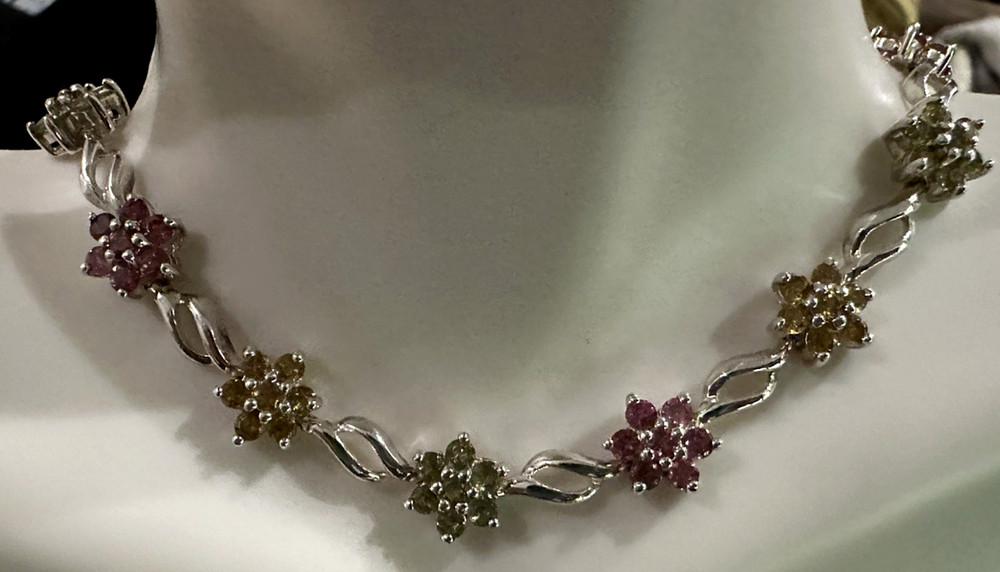 STS Sterling Silver Multi Gemstone Flower Tennis Bracelet 7.25