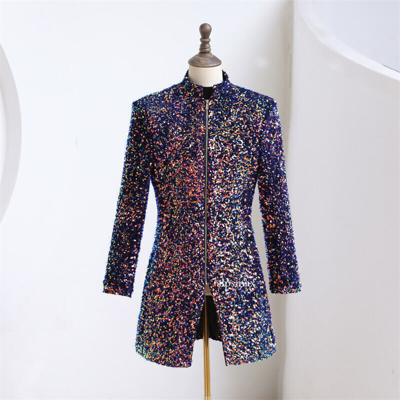 Men's Sequin Zip Up Tuxedo Long Jacket Dress Suit Blazer Showman Costume