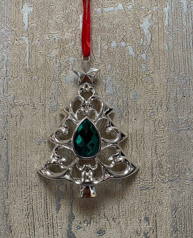 Lenox Silver Plated Bejeweled Christmas Tree Ornament with Emerald Stone in Box