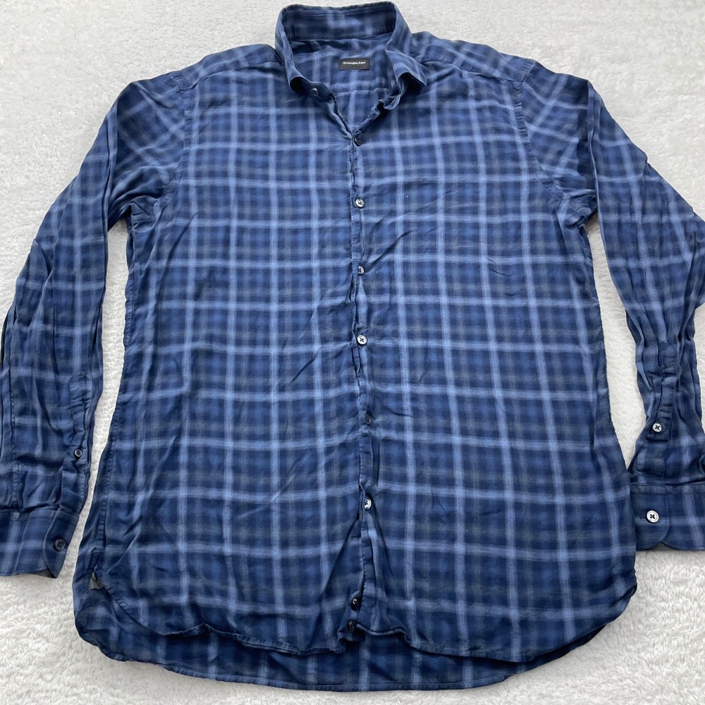 Ermenegildo Zegna Mens Plaid Check Long Sleeve Button Down Shirt Blue L