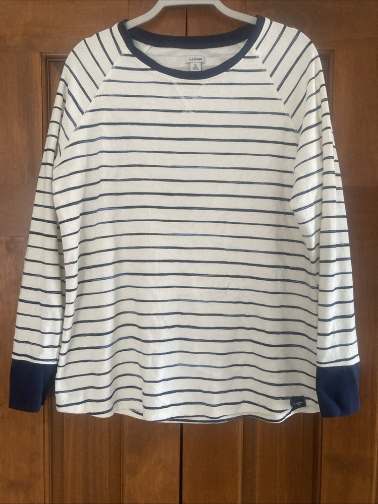 LLBean Waffle Knit Ivory Striped Long Sleeve Top Women’s Size XL 100% Cotton