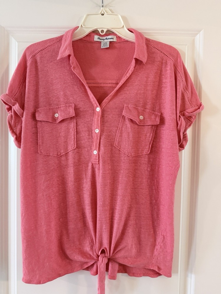 Tommy Bahama Women’s Large Coral Linen Blend Button Front Top Roll Sleeve