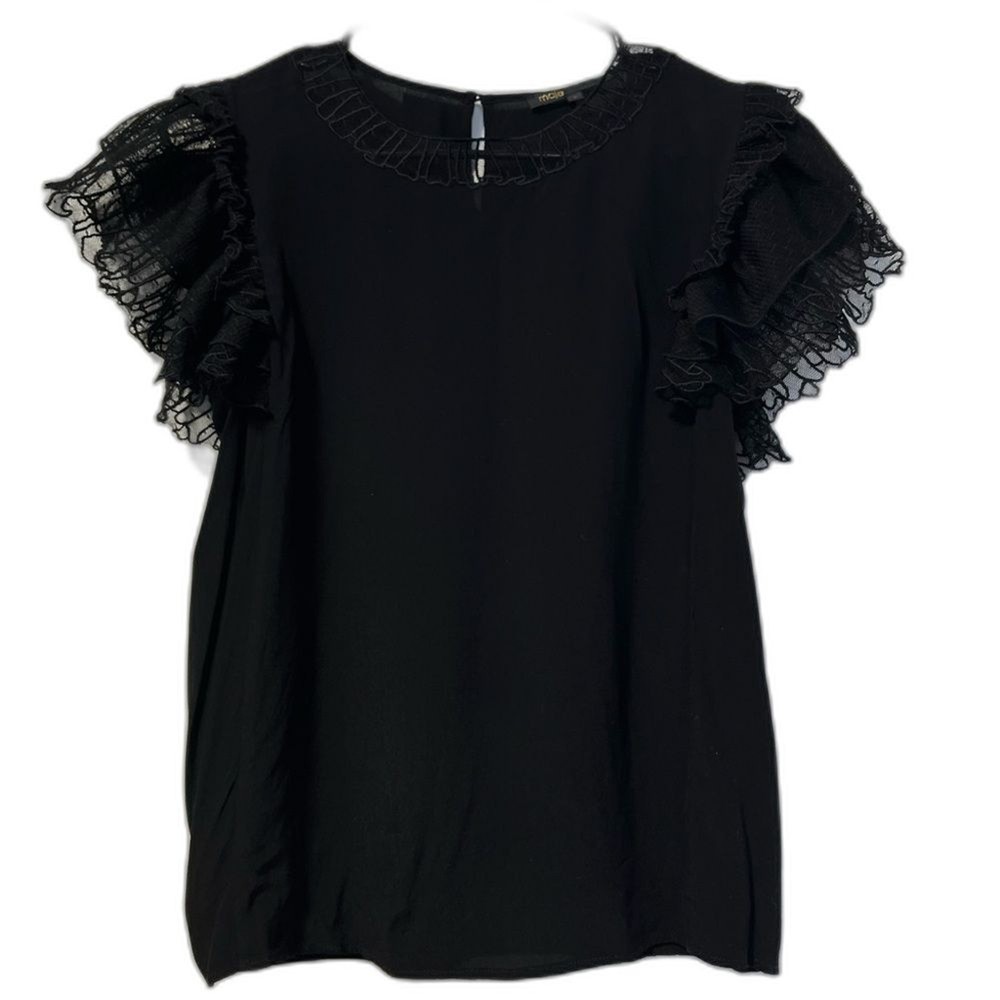 Maje Black Lucille blouse with lace ruffled sleeves 2