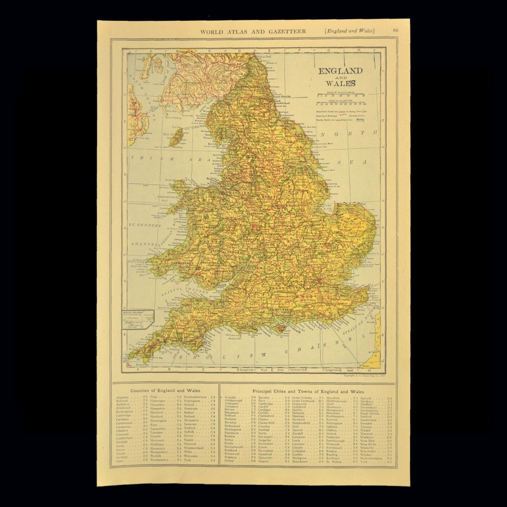 1921 Vintage ENGLAND Map Railroad Railway Old Original United Kingdom Wall Art