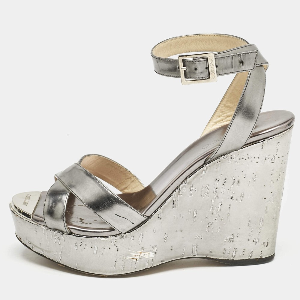 Jimmy Choo Silver Leather Crisscross Strap Wedge Sandals Size 37.5