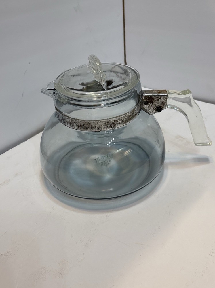 Vintage Pyrex Flameware Coffee Carafe Pot Kettle 7125 with Lid Blue Tint 2.5 Qts