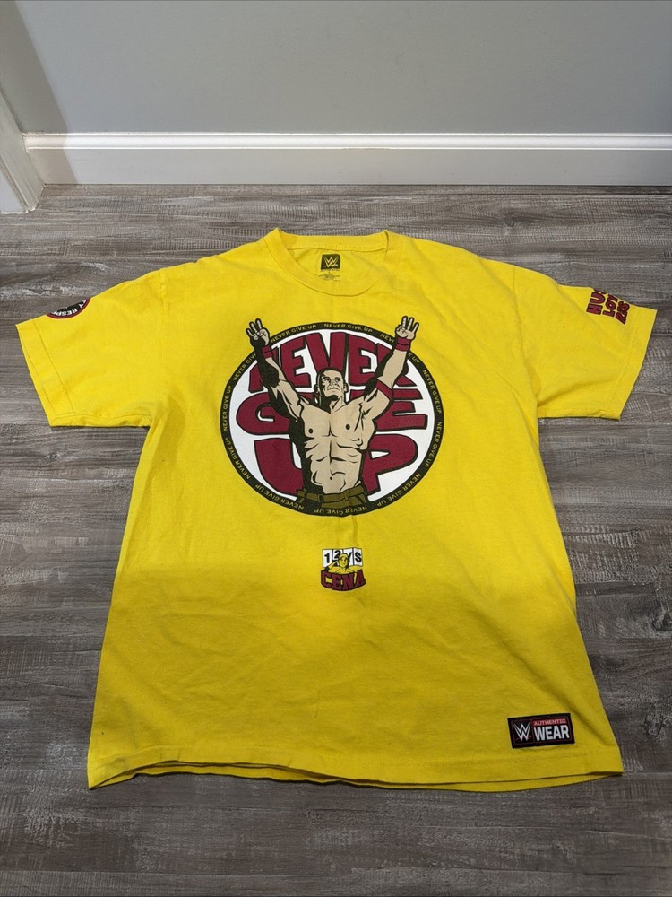 WWE John Cena T-Shirt Sz L Never Give Up Hustle Loyalty Respect Yellow