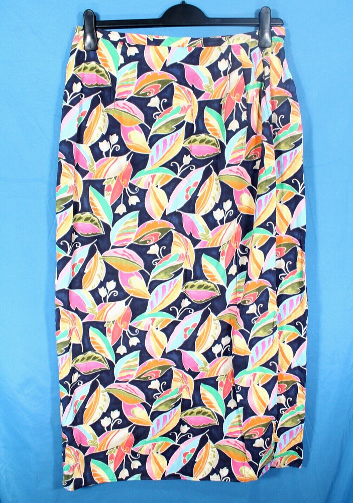 VTG TALBOTS Navy Blue/Multi Cotton Twill LEAF PRINT Pleated WRAP PENCIL SKIRT 14