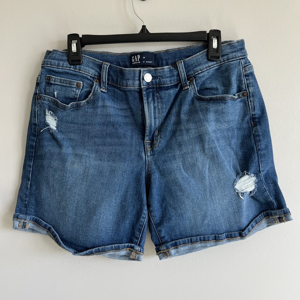 Gap Denim 5in Distressed Shorts Women's 30 Mid Rise Cuffed Stretch Medium Wash