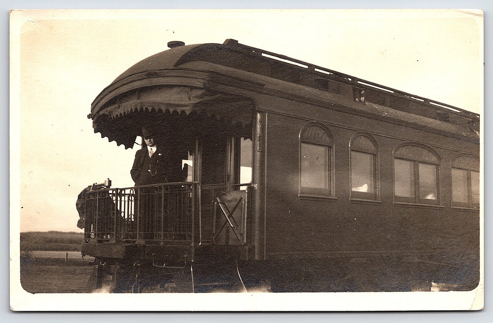 Antique Vintage Photo Postcard Picture Railroad Train Car Man Coat Tie Hat