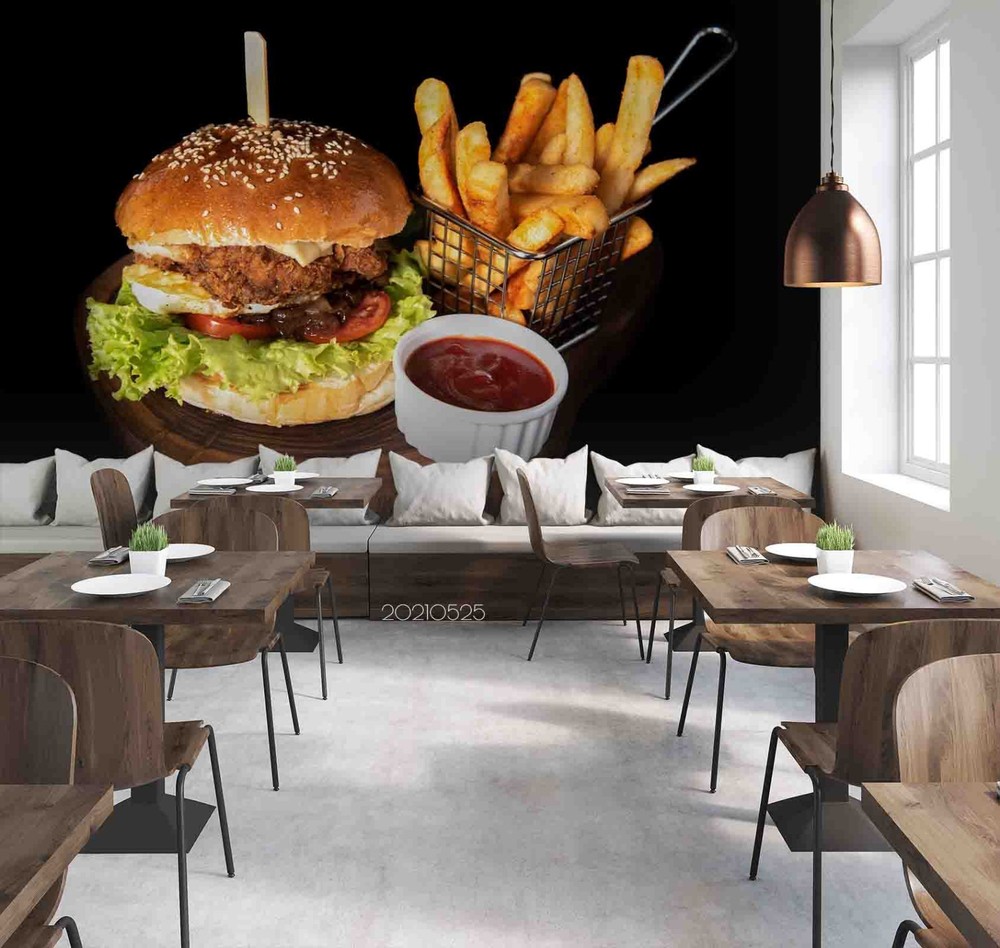 3D French Fries Hamburger Fast Food Wall Murals Wallpaper Murals Wall Sticker 3