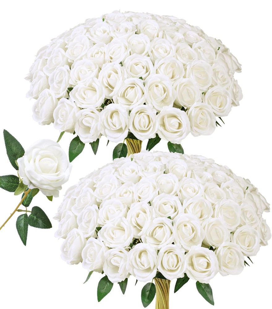 50 PCS White Roses Artificial Flowers, Fake Roses with Stems Realistic Silk R...