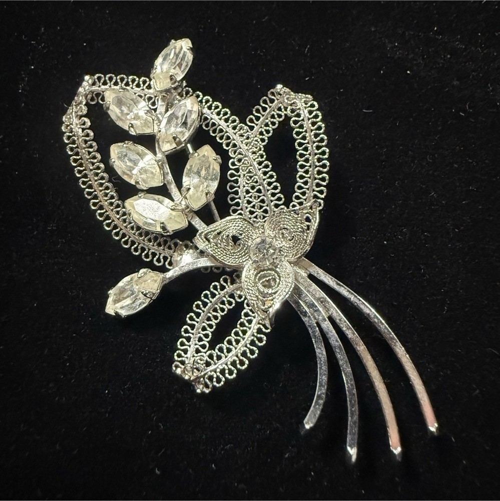 Vintage Sterling Silver Filigree Floral Spray Brooch Clear Marquise Crystal Pin