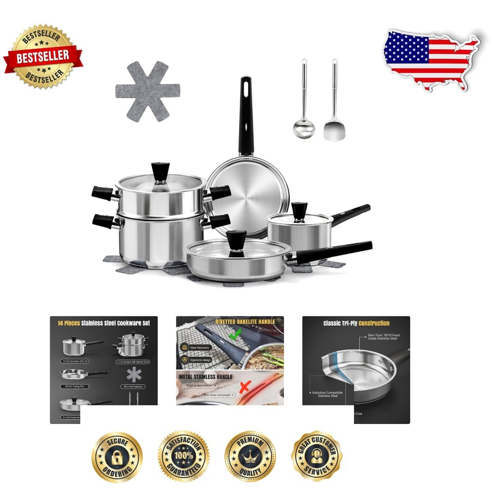 Versatile Stainless Steel Cookware Set with Utensils & Pot Protectors - 14PCS