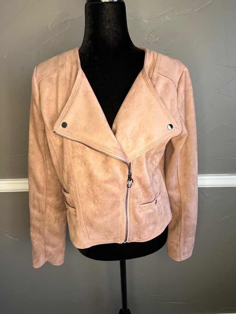 Haute Monde Jacket Women's Size L Light Brown Faux Suede Pockets Zipper