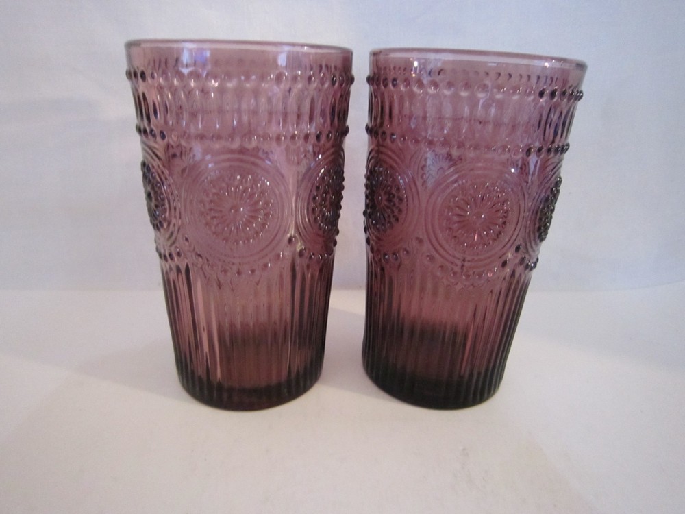 Pioneer Woman Adeline 16 Oz Embossed Glass Tumblers Plum/Purple Set of 2