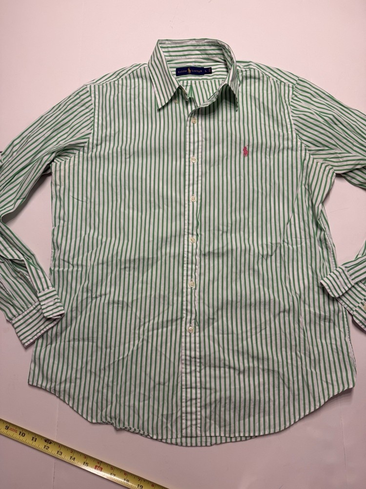 Ralph Lauren Green White Striped Button Up Men's Large Pink Pony  Classic Fit