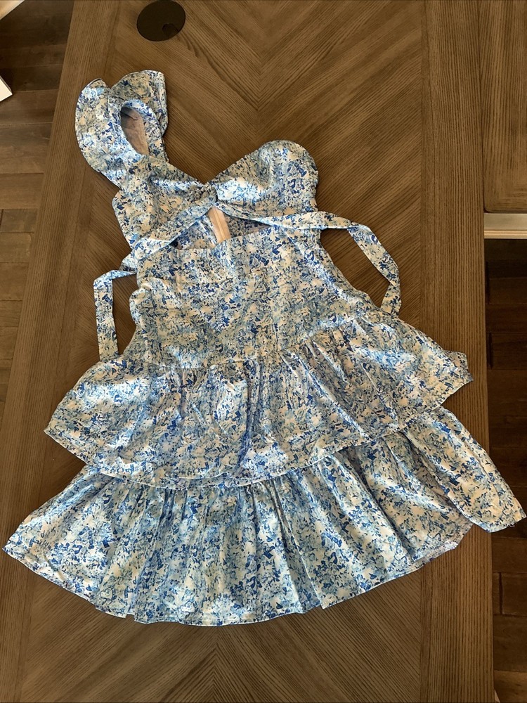 One Shoulder Blue Floral Print Women’s Dress, Size XS