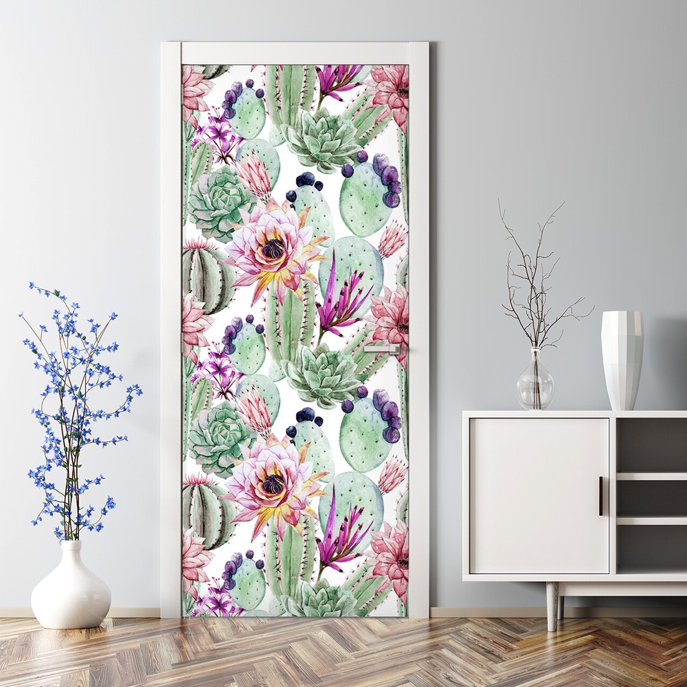 Watercolour cactus flowers Bubble Free Door sticker Cacti Decal floral decor