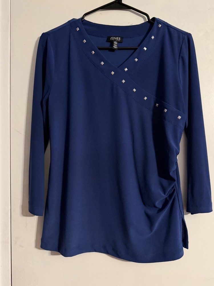 Jones New York Navy Long Sleeve Silver Embellishments Size Medium Blouse Top M