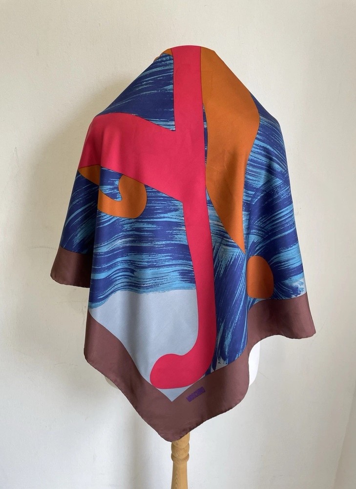 S53#Moschino 100% Silk Scarf Large Square Abstract Graphic Multicolor Italy-image