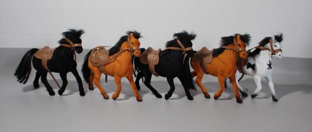 Lot 5 VTG Plastic Velvet Flocked Coated Felt Toy Horses With Saddle & Bridles
