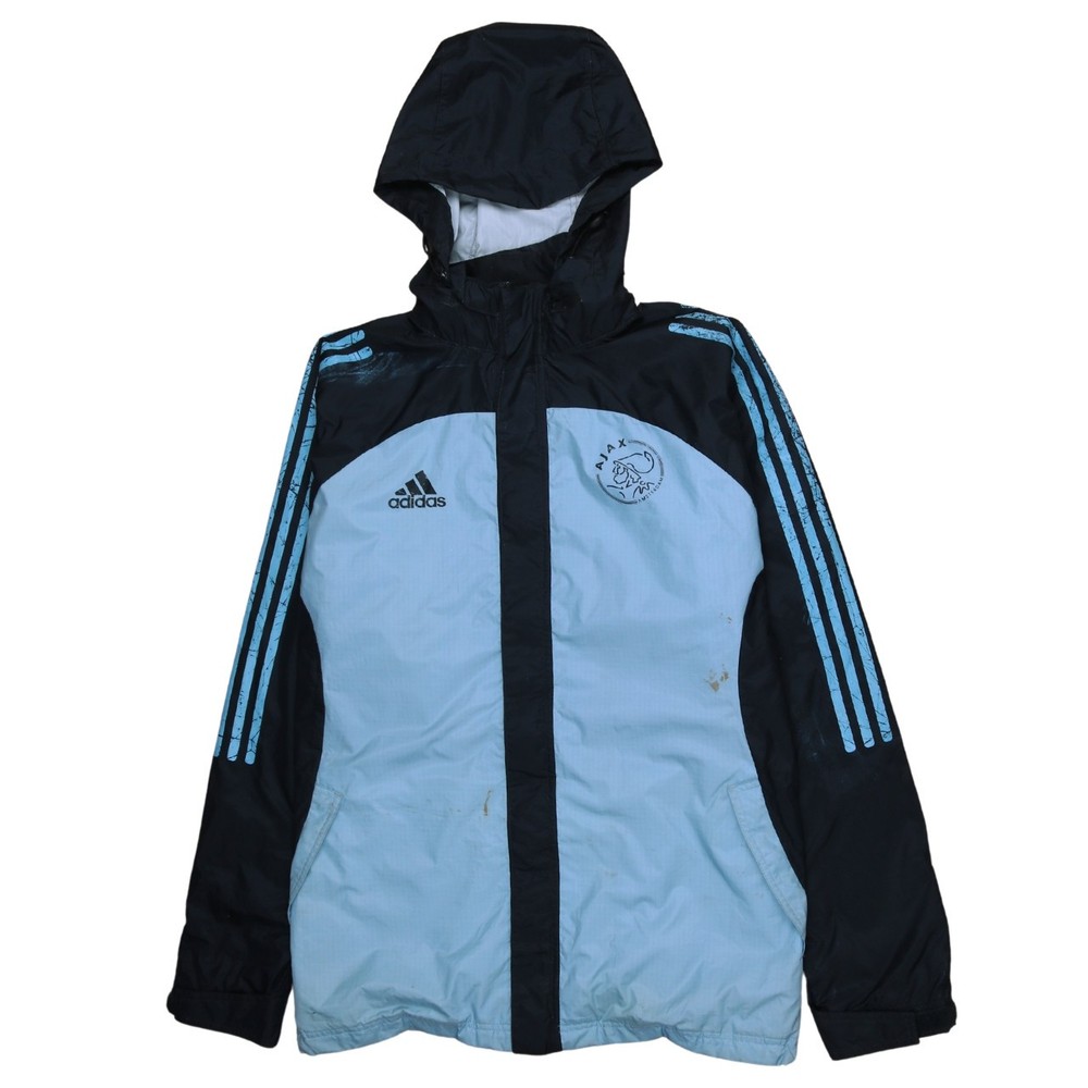 Adidas Mens Windbreaker Jacket Light Blue Ajax Hooded Full Zip Nylon Logo M