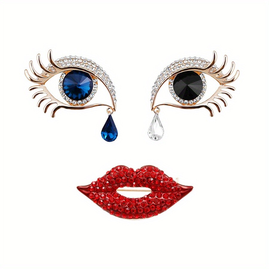 Abstract Blue Tears Eyes Red Lips Brooch Set for Stylish Women's Accessories-image