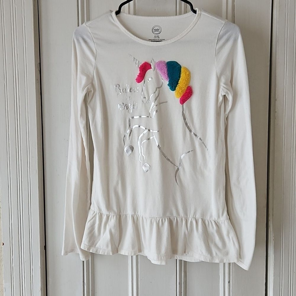 Wonder Nation Long Sleeve Believe in Magic Unicorn Ruffled Top XL (14-16)