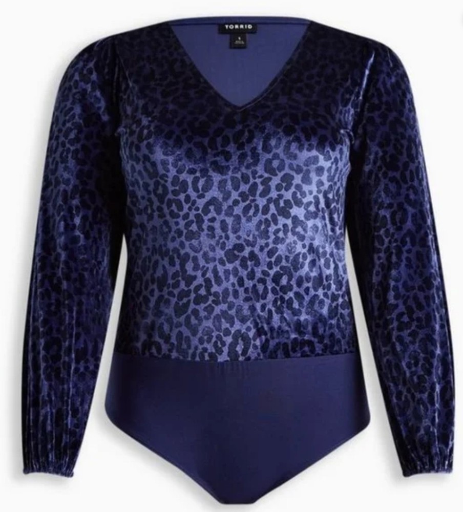 Torrid Velvet V-Neck Blue Leopard Print Long Sleeve Bodysuit NWT 4. 4X. 26