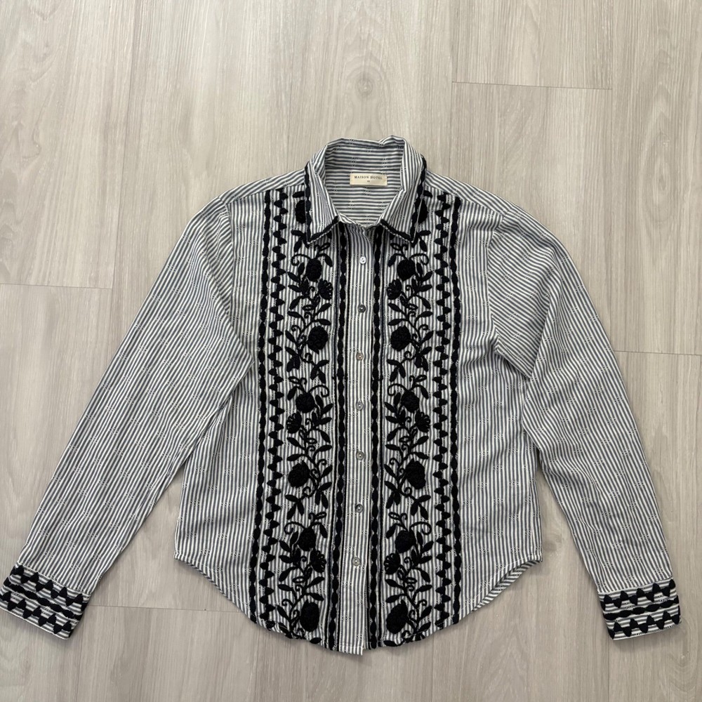 Maison Hotel Shirt Women Embroidered Striped Button Blue White Boho Floral XS