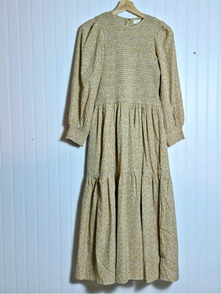 Leia & Co Floral Smocked Long Puff Sleeves Tiered Peasant Milk Maid Midi Dress S