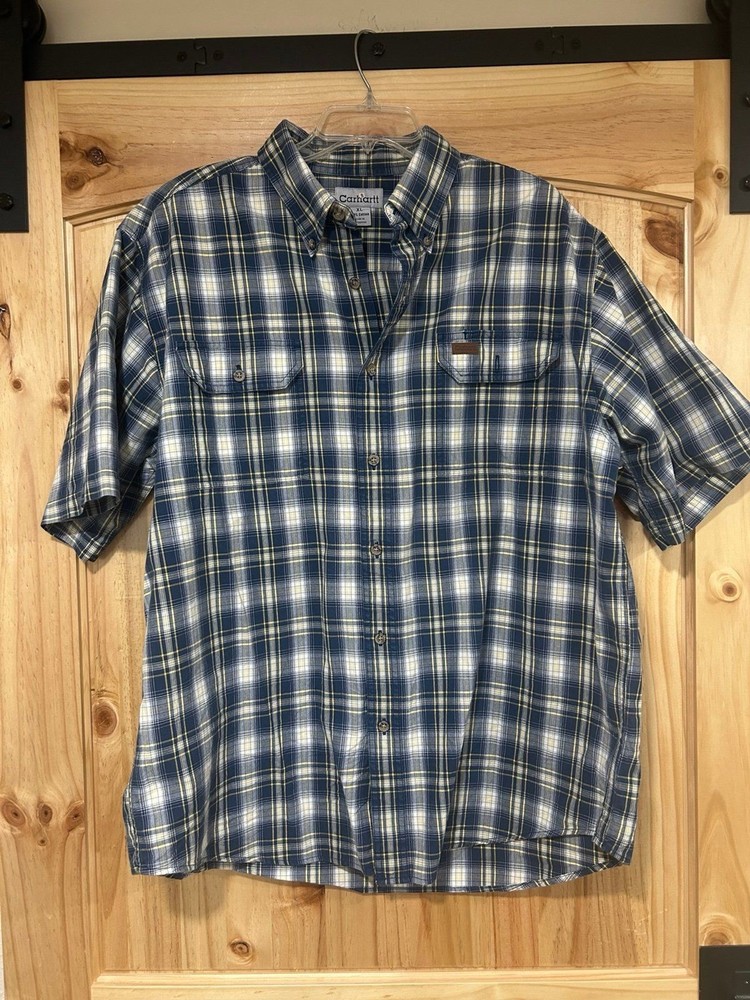 Carhartt Men’s Short Sleeve Button Up Shirt Plaid Blue Yellow Size Extra Large