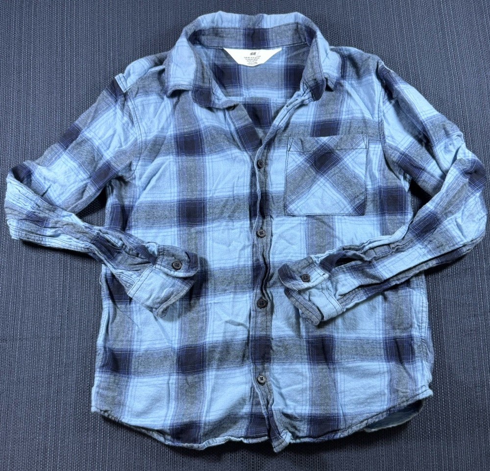 H&M Boys Blue/Black Plaid Button-Up Collared Long Sleeve Shirt Size 10
