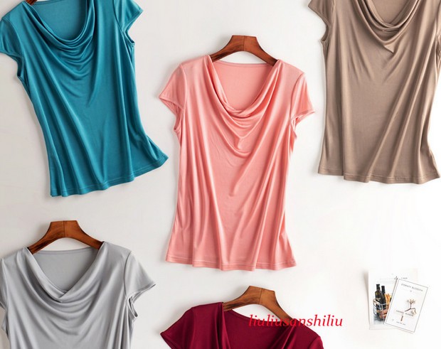 Women Mulberry Silk Tee Shirts Knit Silk Swing Neck Pullover Short Sleeve Blouse