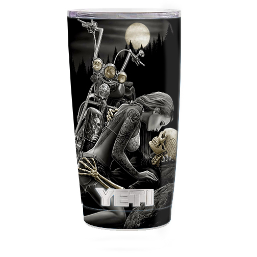 Skin Decal for Yeti 20 oz Rambler Tumbler Cup / Biker skeleton full moon tattoo