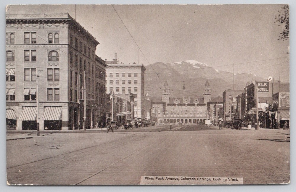 Pikes Peak Ave Colorado Springs CO Vintage Postcard Elk Hotel Mtn View c1910s