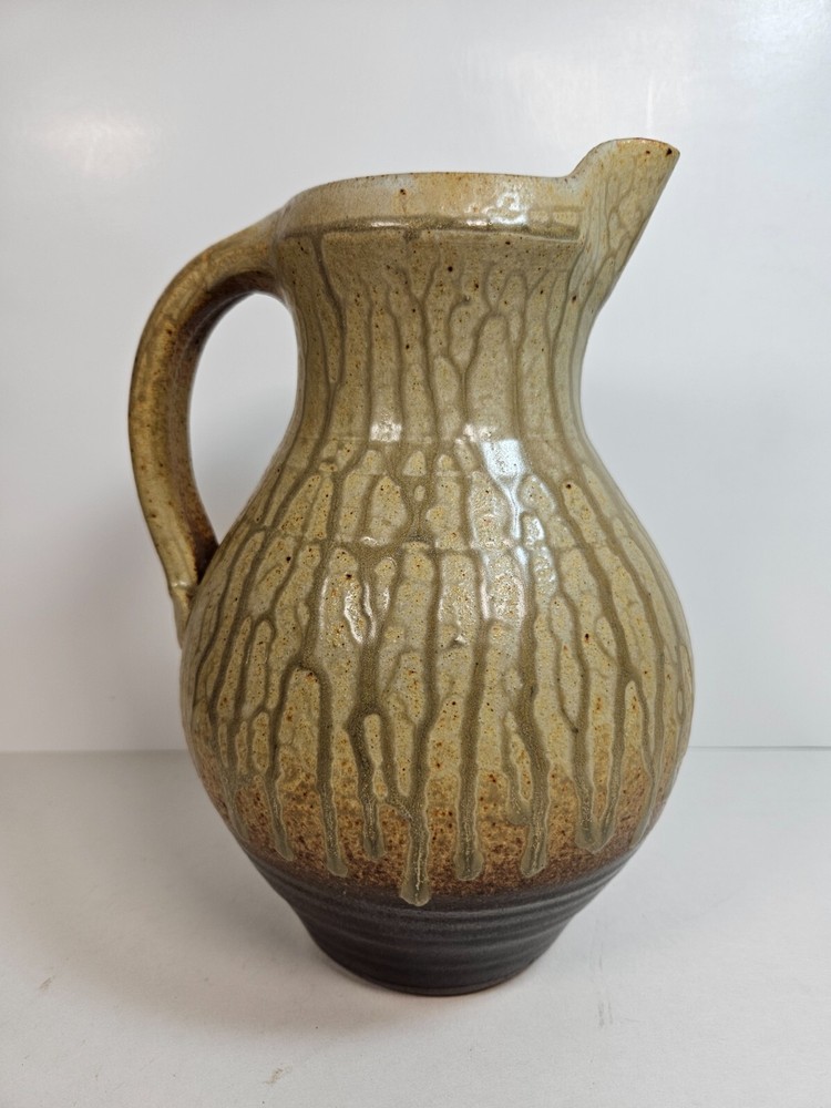 Artist Pottery Pitcher 10” Tan Drip Double Glaze Two Tone color
