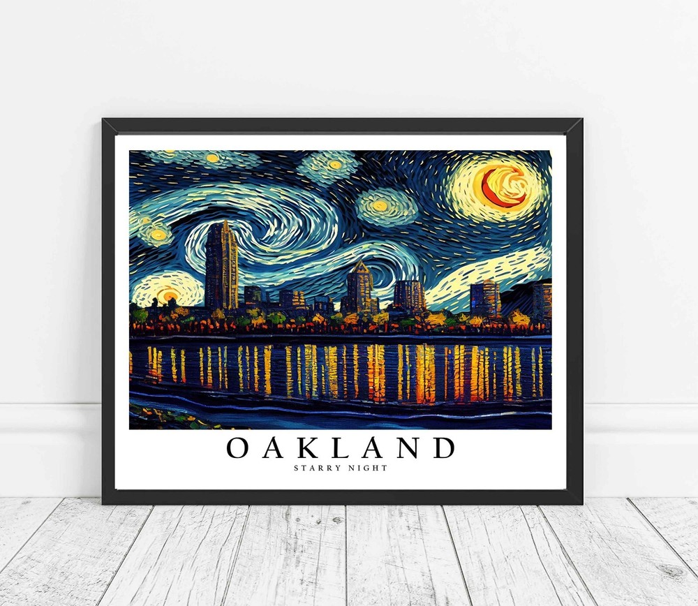 Oakland City Starry Night Photo Art Print Poster Wall Art Painting