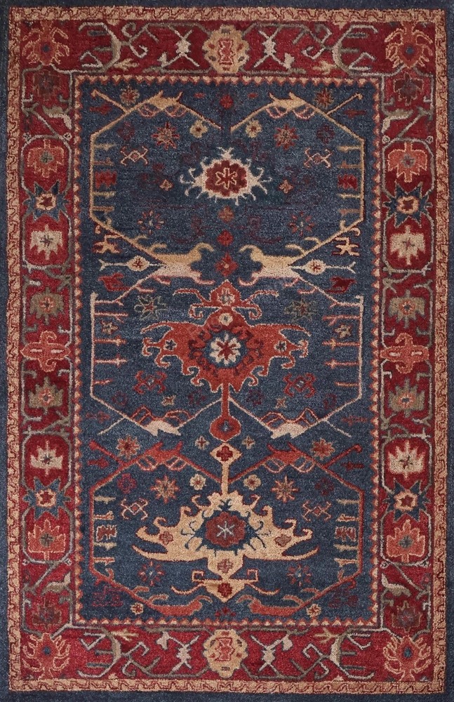 Hand-Tufted Oriental Wool Area Rug | Red Blue Luxury Carpet | Living Room Decor