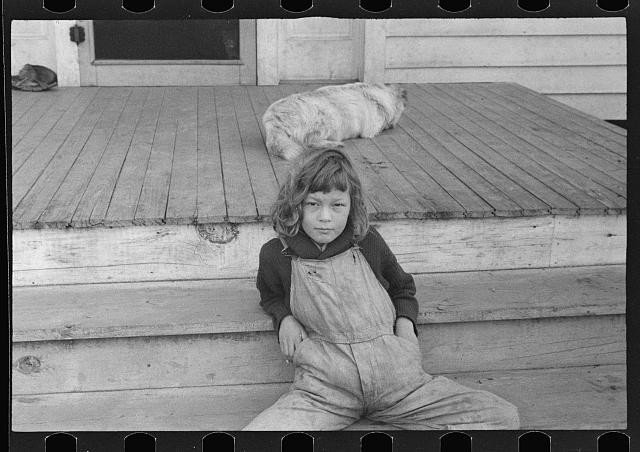 Photo:1930s Child on Porch with Dog Black and White Photo