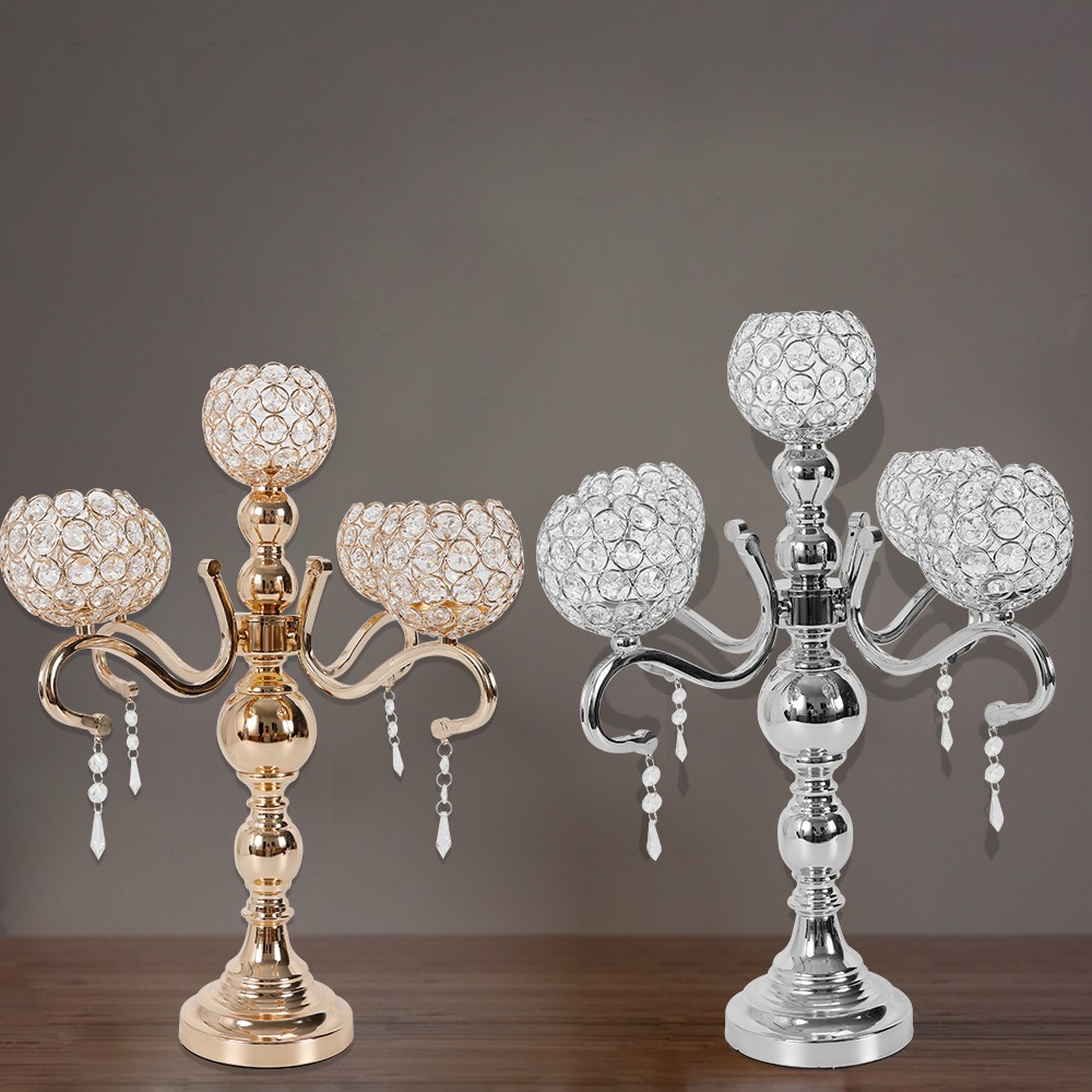 5 Arms Crystal Gold Candelabra Candle Holders Wedding Table Decor Centerpiece