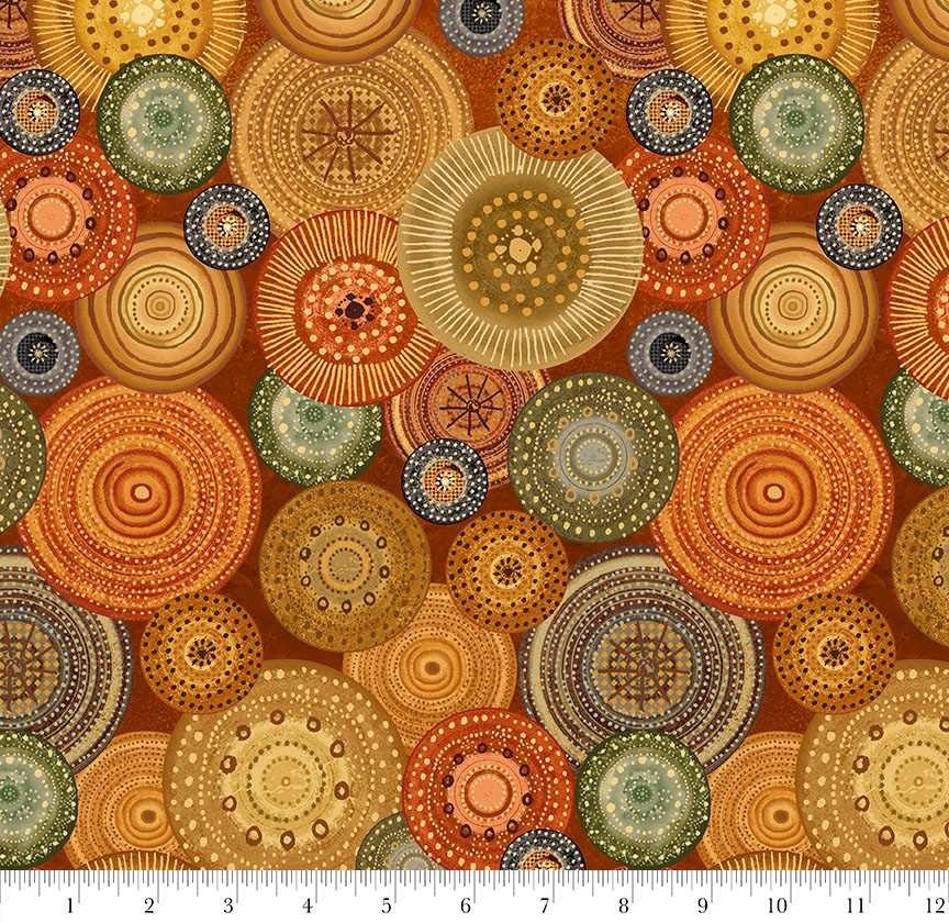 Crow-Mazing Fabric | Overlapping Circle Brown Green Basic | Henry Glass YARD