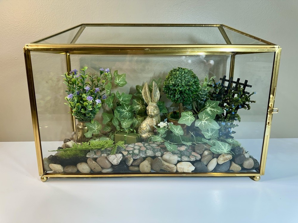 Large Glass Terrarium Decor with Faux Greenery for Easter and Spring