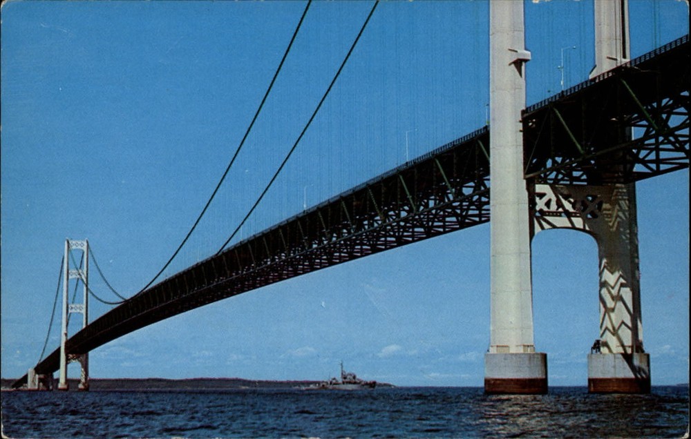 Michigan Mackinac Bridge freighter ~ dated 1963 vintage postcard