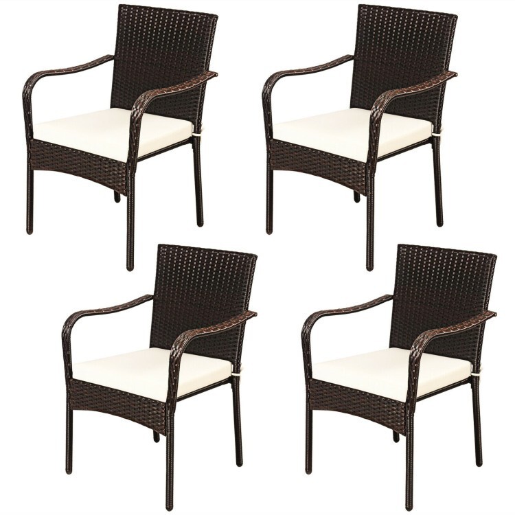 Set of 4 Patio Stackable Wicker Armchairs Garden Rattan Dining Seats W/ Cushions