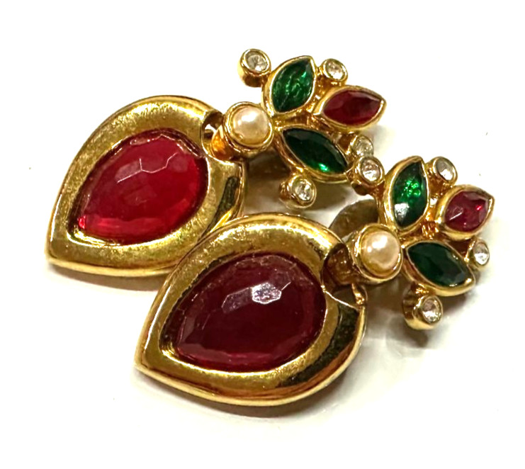 Vtg Costume Red Stone Floral Gold Tone Clip-on Earrings Jewelry Lot H
