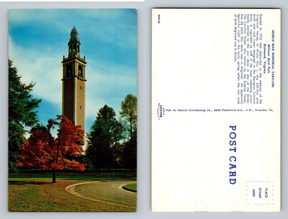 Richmond, VA-Virginia, World War Memorial Carillon Tower Byrd Vintage Postcard