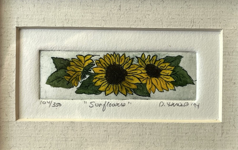 Original Framed Miniature Hand Colored Etching Titled “Sunflowers”