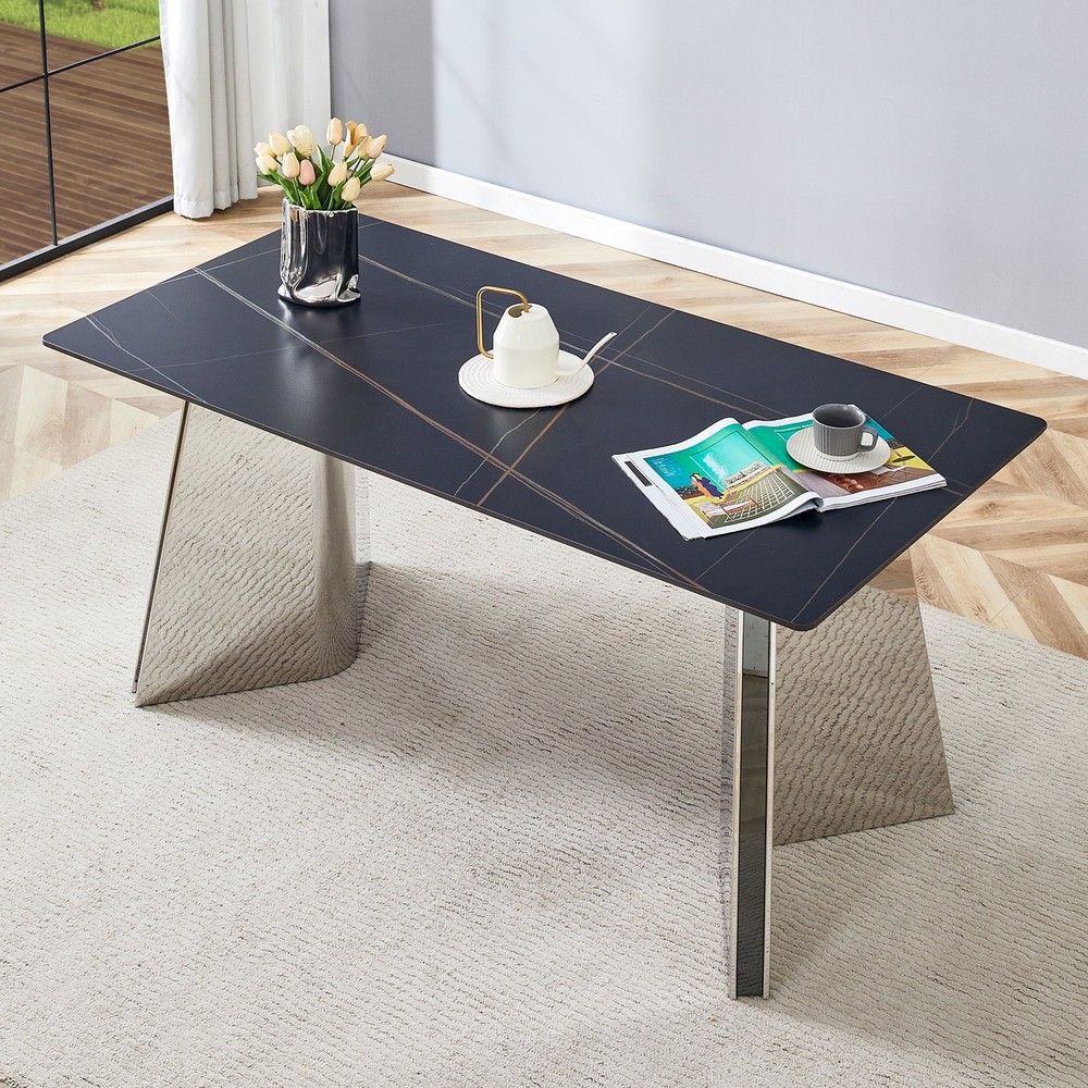 63-inch Modern Marble-Patterned Dining Table with Sturdy Steel Legs for Kitchen